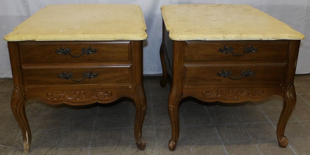 Pair of Cherry & Faux Marble Top End Tables: Pair of Cherry & Faux Marble Top End Tables. 21 1/4" H 21 1/2" W 28" D "ALL DESCRIPTIONS AND ANY CONDITION STATEMENT GIVEN BY LANGSTON AUCTION GALLERY ARE STRICTLY OPINIONS AND LANGSTON'S SHALL HAVE