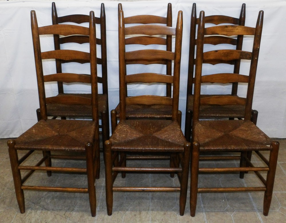 Set of Six Walnut Ladder Back Dining Chairs with Rush Seats (1 of 7)