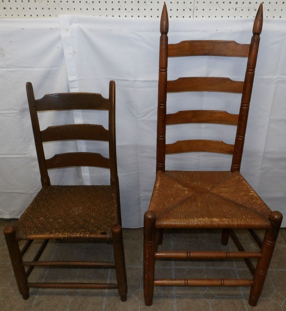 Two Antique Ladder Back Side Chairs: Two Antique Ladder Back Side Chairs . 45 1/2" H 20" W 16 1/2" D "ALL DESCRIPTIONS AND ANY CONDITION STATEMENT GIVEN BY LANGSTON AUCTION GALLERY ARE STRICTLY OPINIONS AND LANGSTON'S SHALL HAVE NO