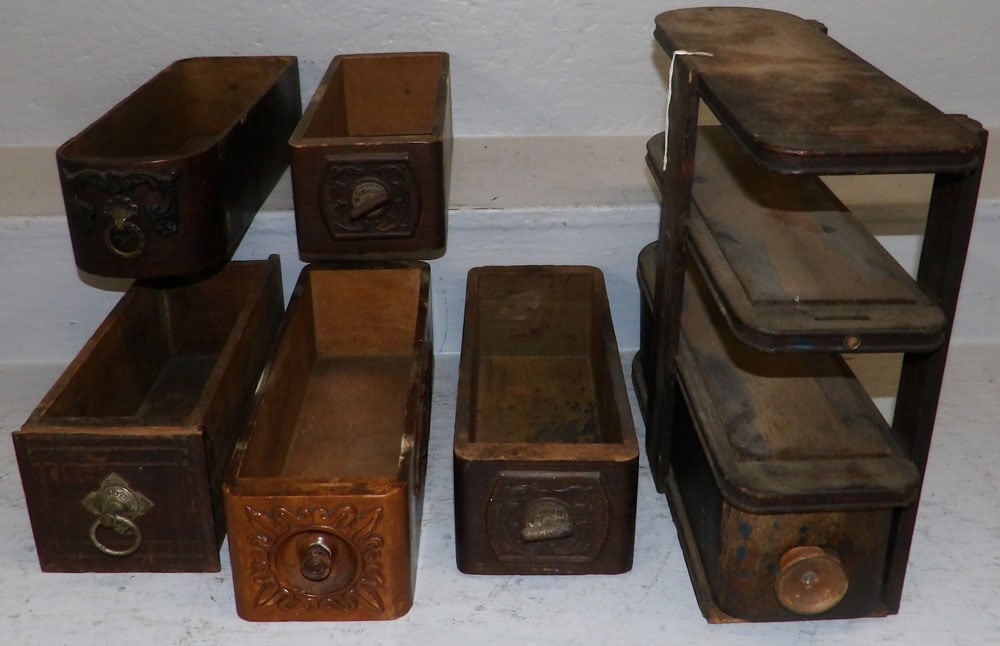 Lot of Antique Oak Sewing Machine Drawers: Lot of Antique Oak Sewing Machine Drawers . Up to 13" H 16" W 5 1/2" D "ALL DESCRIPTIONS AND ANY CONDITION STATEMENT GIVEN BY LANGSTON AUCTION GALLERY ARE STRICTLY OPINIONS AND LANGSTON'S SHALL HAVE