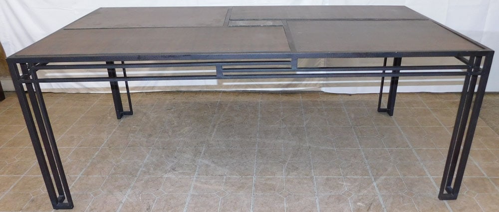 Painted Metal & Tile Top Outdoor Table: Painted Metal & Tile Top Outdoor Table . 28 1/4" H 74" W 42" D "ALL DESCRIPTIONS AND ANY CONDITION STATEMENT GIVEN BY LANGSTON AUCTION GALLERY ARE STRICTLY OPINIONS AND LANGSTON'S SHALL HAVE NO RESPON