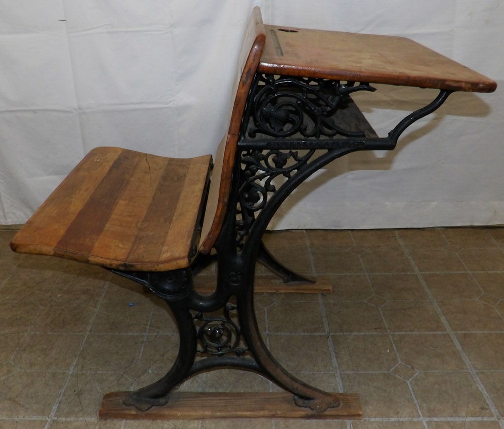 Antique Maple & Cast Iron School Desk by A.H. Andrews & Co: Antique Maple & Cast Iron School Desk by A.H. Andrews & Co. 30" H 24 1/4" W 21 1/2" D "ALL DESCRIPTIONS AND ANY CONDITION STATEMENT GIVEN BY LANGSTON AUCTION GALLERY ARE STRICTLY OPINIONS AND