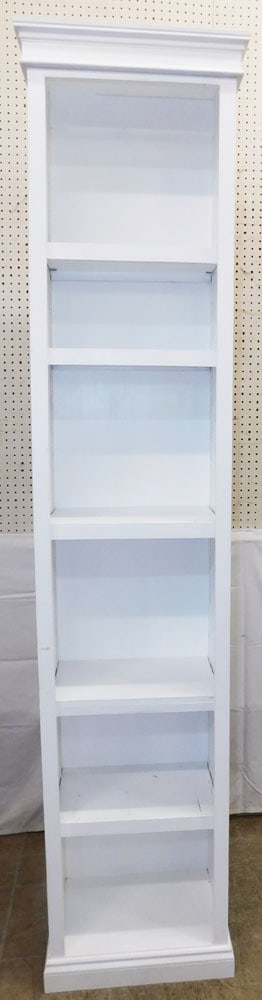 Open Painted Wood Bookshelf: Open Painted Wood Bookshelf . 93" H 20 1/4" W 13 1/2" D "ALL DESCRIPTIONS AND ANY CONDITION STATEMENT GIVEN BY LANGSTON AUCTION GALLERY ARE STRICTLY OPINIONS AND LANGSTON'S SHALL HAVE NO RESPONSIBILIT