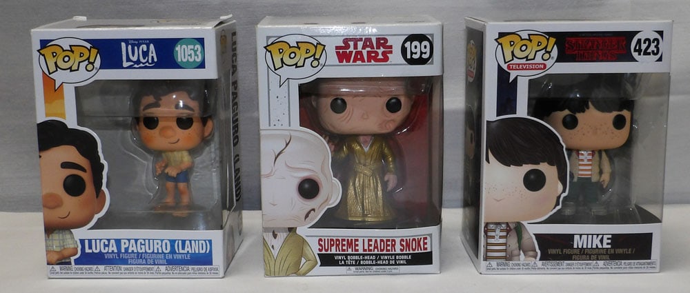 Lot of Three Funko Pops: Lot of Three Funko Pops. Each box: 6 1/4" H 4 1/2" W 3 1/2" D "ALL DESCRIPTIONS AND ANY CONDITION STATEMENT GIVEN BY LANGSTON AUCTION GALLERY ARE STRICTLY OPINIONS AND LANGSTON'S SHALL HAVE NO RESPONS