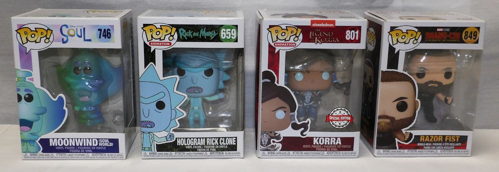 Lot of Four Funko Pops: Lot of Four Funko Pops. Each box: 6 1/4" H 4 1/2" W 3 1/2" D "ALL DESCRIPTIONS AND ANY CONDITION STATEMENT GIVEN BY LANGSTON AUCTION GALLERY ARE STRICTLY OPINIONS AND LANGSTON'S SHALL HAVE NO
