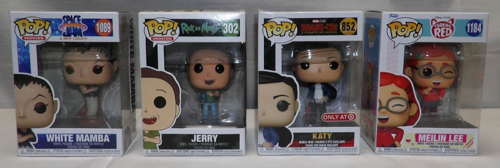 Lot of Four Funko Pops: Lot of Four Funko Pops . Each box: 6 1/4" H 4 1/2" W 3 1/2" D "ALL DESCRIPTIONS AND ANY CONDITION STATEMENT GIVEN BY LANGSTON AUCTION GALLERY ARE STRICTLY OPINIONS AND LANGSTON'S SHALL HAVE NO RESPONS