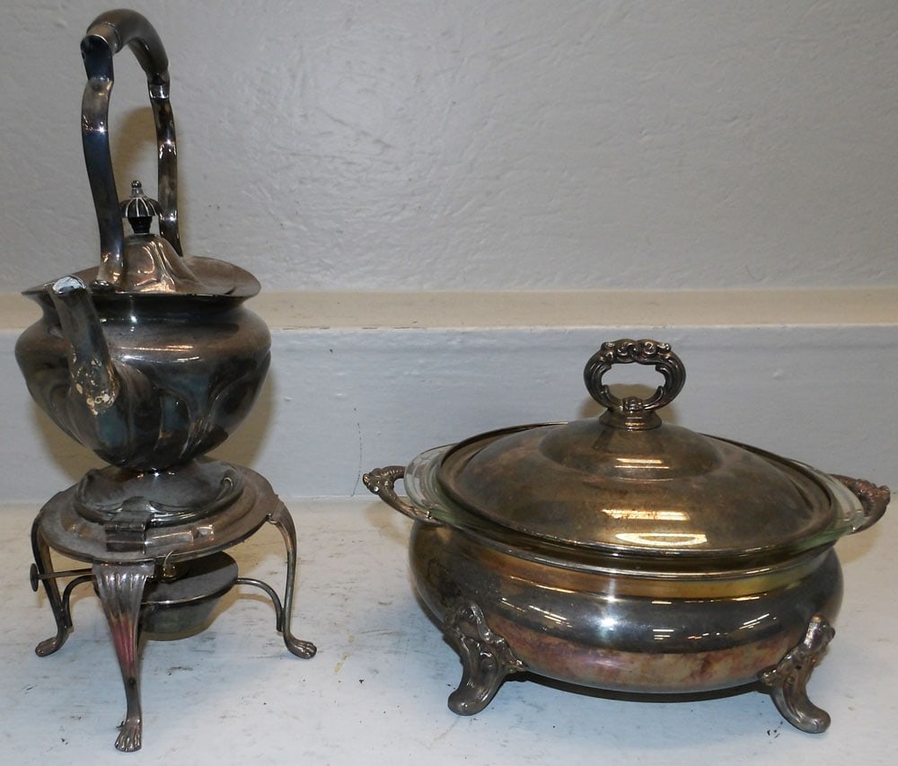 Silverplated Covered Dish & Teapot on Stand: Silverplated Covered Dish & Teapot on Stand . 13 1/2" H 9" W "ALL DESCRIPTIONS AND ANY CONDITION STATEMENT GIVEN BY LANGSTON AUCTION GALLERY ARE STRICTLY OPINIONS AND LANGSTON'S SHALL HAVE NO
