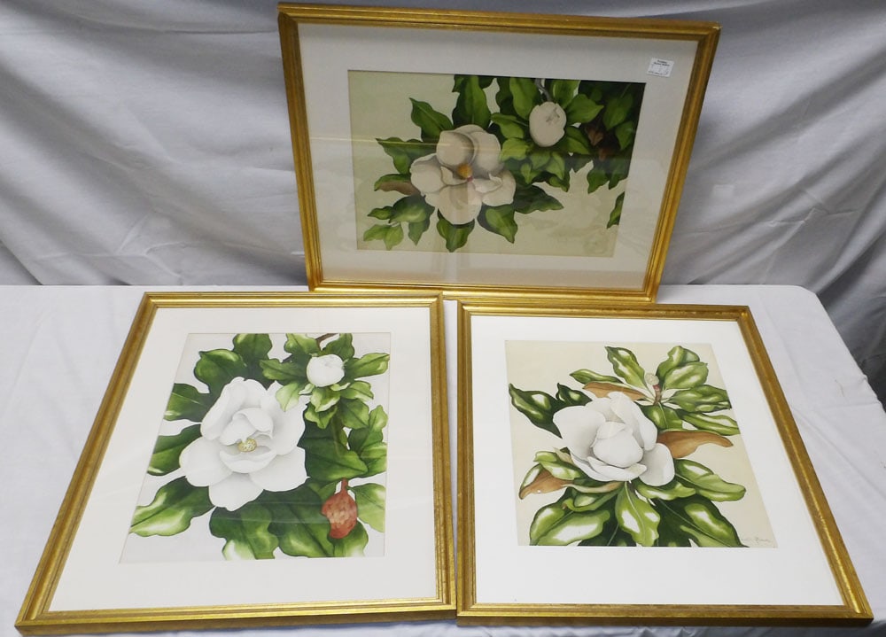 Three Magnolia Flower Watercolors Artist Signed: Three Magnolia Flower Watercolors Artist Signed . 21 1/2" x 27 1/4" "ALL DESCRIPTIONS AND ANY CONDITION STATEMENT GIVEN BY LANGSTON AUCTION GALLERY ARE STRICTLY OPINIONS AND LANGSTON'S SHALL HAVE NO R