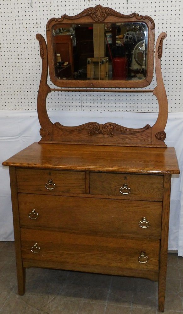 Antique Oak Dresser with Mirror: Antique Oak Dresser with Mirror. 69" H 38" W 20" D "ALL DESCRIPTIONS AND ANY CONDITION STATEMENT GIVEN BY LANGSTON AUCTION GALLERY ARE STRICTLY OPINIONS AND LANGSTON'S SHALL HAVE NO RESPONSIBILITY