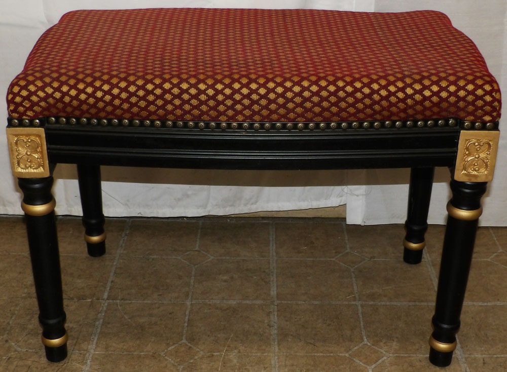 Painted Wood & Upholstered Top Bench: Painted Wood & Upholstered Top Bench . 19 1/4" H 27" W 15 1/4" D] "ALL DESCRIPTIONS AND ANY CONDITION STATEMENT GIVEN BY LANGSTON AUCTION GALLERY ARE STRICTLY OPINIONS AND LANGSTON'S SHALL HAVE NO
