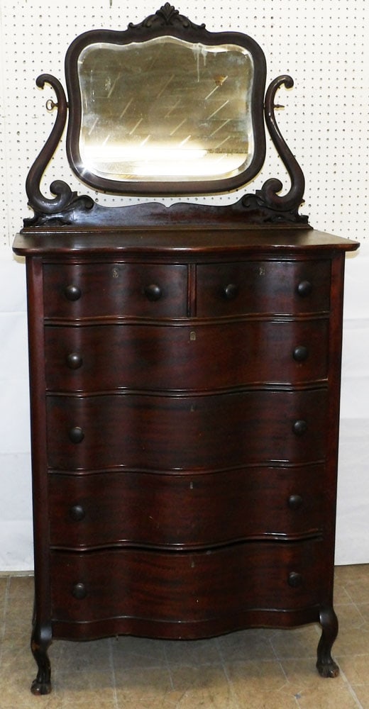 Antique Mahogany Dresser with Mirror: Antique Mahogany Dresser with Mirror. 69 1/2" H 33 1/4" W 19" D "ALL DESCRIPTIONS AND ANY CONDITION STATEMENT GIVEN BY LANGSTON AUCTION GALLERY ARE STRICTLY OPINIONS AND LANGSTON'S SHALL HAVE NO