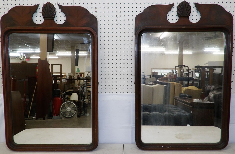 Two Mahogany Framed Mirrors: Two Mahogany Framed Mirrors. Up to 38 1/4" x 24 1/4" "ALL DESCRIPTIONS AND ANY CONDITION STATEMENT GIVEN BY LANGSTON AUCTION GALLERY ARE STRICTLY OPINIONS AND LANGSTON'S SHALL HAVE NO RESPONSIBILITY F