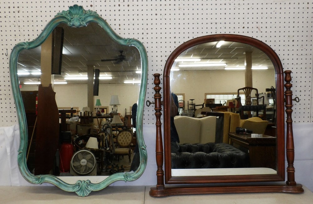 Walnut Framed Mirror & Painted Framed Mirror: Walnut Framed Mirror & Painted Framed Mirror. Up to 40 1/2" x 30" "ALL DESCRIPTIONS AND ANY CONDITION STATEMENT GIVEN BY LANGSTON AUCTION GALLERY ARE STRICTLY OPINIONS AND LANGSTON'S SHALL HAVE NO RES