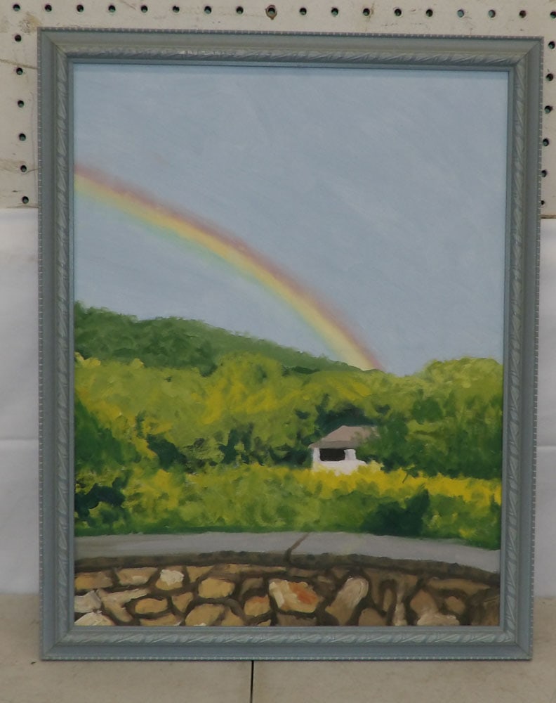Framed Oil on Canvas Farm Scene: Framed Oil on Canvas Farm Scene . 19 3/4" x 15 3/4" "ALL DESCRIPTIONS AND ANY CONDITION STATEMENT GIVEN BY LANGSTON AUCTION GALLERY ARE STRICTLY OPINIONS AND LANGSTON'S SHALL HAVE NO RESPONSIBILITY