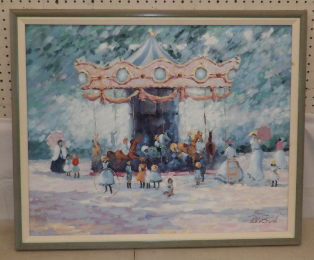 Framed Oil on Canvas Carousel Scene: Framed Oil on Canvas Carousel Scene. 26 3/4" x 32 3/4" "ALL DESCRIPTIONS AND ANY CONDITION STATEMENT GIVEN BY LANGSTON AUCTION GALLERY ARE STRICTLY OPINIONS AND LANGSTON'S SHALL HAVE NO
