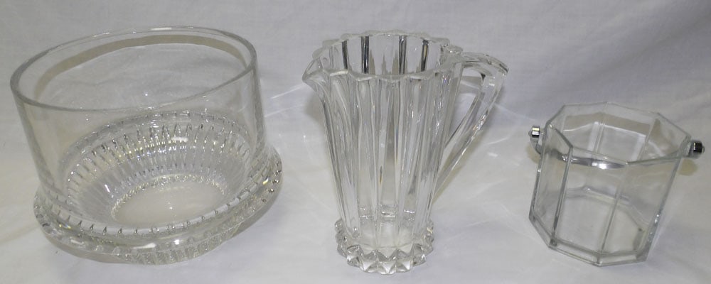 Glass Bowl, Ice bucket, & Rosenthal Water Pitcher: Glass Bowl, Ice bucket, & Rosenthal Water Pitcher. Up to 7 1/2" H 8 3/4" Dia. "ALL DESCRIPTIONS AND ANY CONDITION STATEMENT GIVEN BY LANGSTON AUCTION GALLERY ARE STRICTLY OPINIONS AND LANGSTON'S