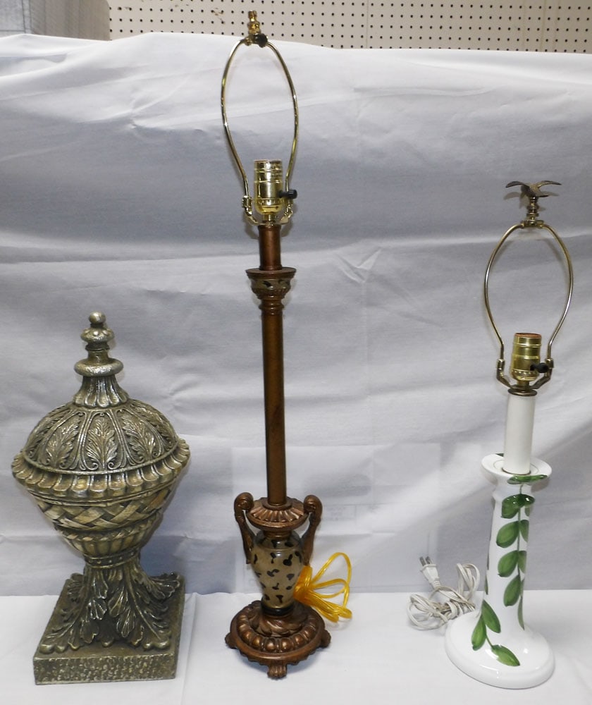 Two Decorative Lamps & Decorative Finial: Two Decorative Lamps & Decorative Finial. Up to 30" H "ALL DESCRIPTIONS AND ANY CONDITION STATEMENT GIVEN BY LANGSTON AUCTION GALLERY ARE STRICTLY OPINIONS AND LANGSTON'S SHALL HAVE NO RESPONSIBILITY