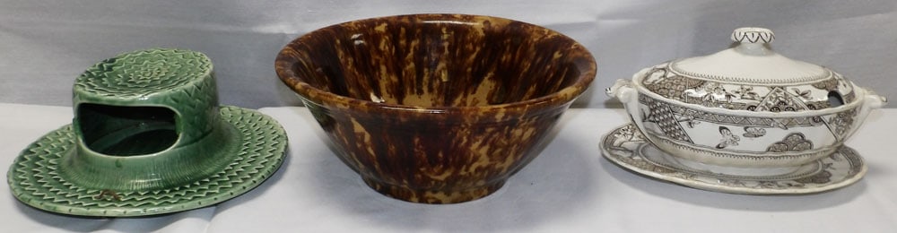 Porcelain Bird House, Bennington Bowl, & Porcelain Covered Dish: Porcelain Bird House, Bennington Bowl, & Porcelain Covered Dish. 4" H 9 3/4" Dia. "ALL DESCRIPTIONS AND ANY CONDITION STATEMENT GIVEN BY LANGSTON AUCTION GALLERY ARE STRICTLY OPINIONS AND LANGSTON'S S