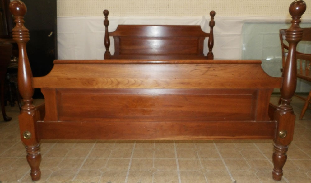 Cherry Cannonball Full Size Bed with Rails: Cherry Cannonball Full Size Bed with Rails. 45 1/4" H 57" W "ALL DESCRIPTIONS AND ANY CONDITION STATEMENT GIVEN BY LANGSTON AUCTION GALLERY ARE STRICTLY OPINIONS AND LANGSTON'S SHALL HAVE NO RESPONSIB
