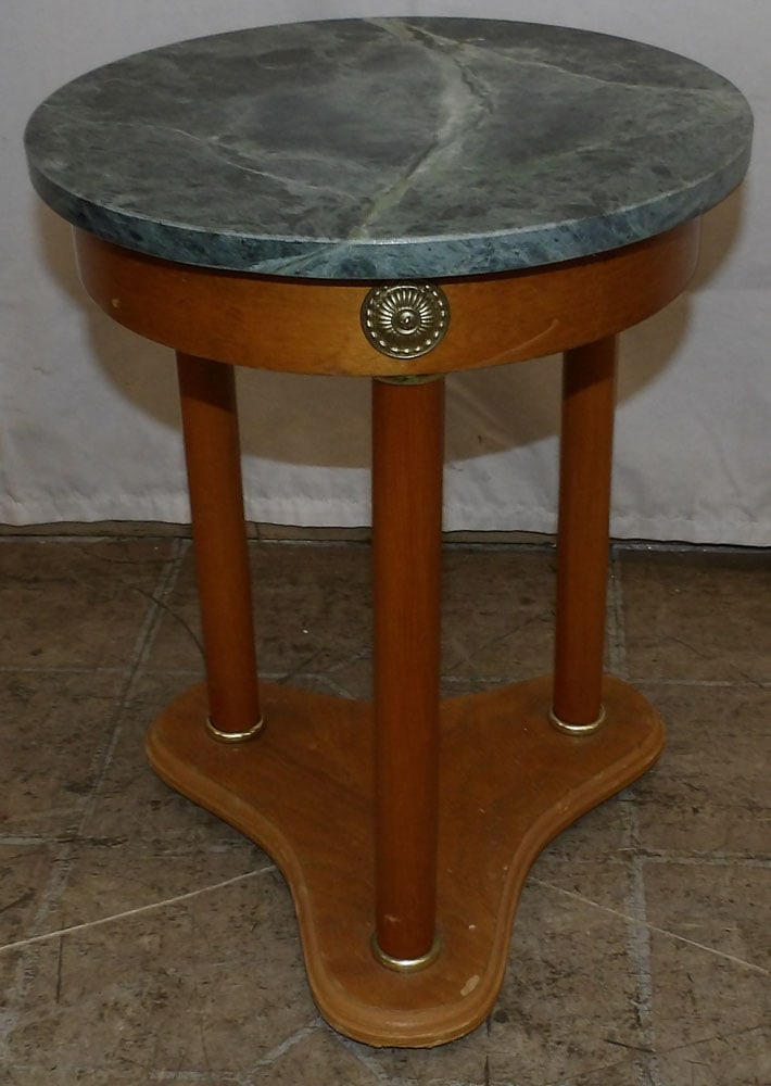 Round Cherry & Green Marble Top Stand: Round Cherry & Green Marble Top Stand . 15 1/2" H 11 3/4" Dia. "ALL DESCRIPTIONS AND ANY CONDITION STATEMENT GIVEN BY LANGSTON AUCTION GALLERY ARE STRICTLY OPINIONS AND LANGSTON'S SHALL HAVE NO