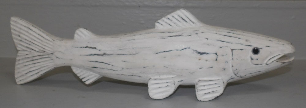 Painted Carved Wood Fish: Painted Carved Wood Fish . 6 1/4" H 19 3/4" L "ALL DESCRIPTIONS AND ANY CONDITION STATEMENT GIVEN BY LANGSTON AUCTION GALLERY ARE STRICTLY OPINIONS AND LANGSTON'S SHALL HAVE NO RESPONSIBILITY FOR