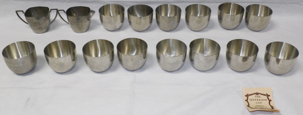 Lot of Pewter Jefferson Cups by Steiff: Lot of Pewter Jefferson Cups by Steiff. Up to 2 1/2" H 5" W ALL DESCRIPTIONS AND ANY CONDITION STATEMENT GIVEN BY LANGSTON AUCTION GALLERY ARE STRICTLY OPINIONS AND LANGSTON'S SHALL HAVE NO RESPONSIBI