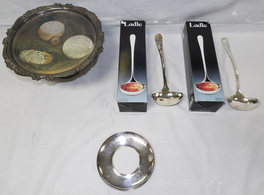 Lot of Silverplated Items: Lot of Silverplated Items. Up to 5 1/2" H 12" W ALL DESCRIPTIONS AND ANY CONDITION STATEMENT GIVEN BY LANGSTON AUCTION GALLERY ARE STRICTLY OPINIONS AND LANGSTON'S SHALL HAVE NO RESPONSIBILITY FOR ERR