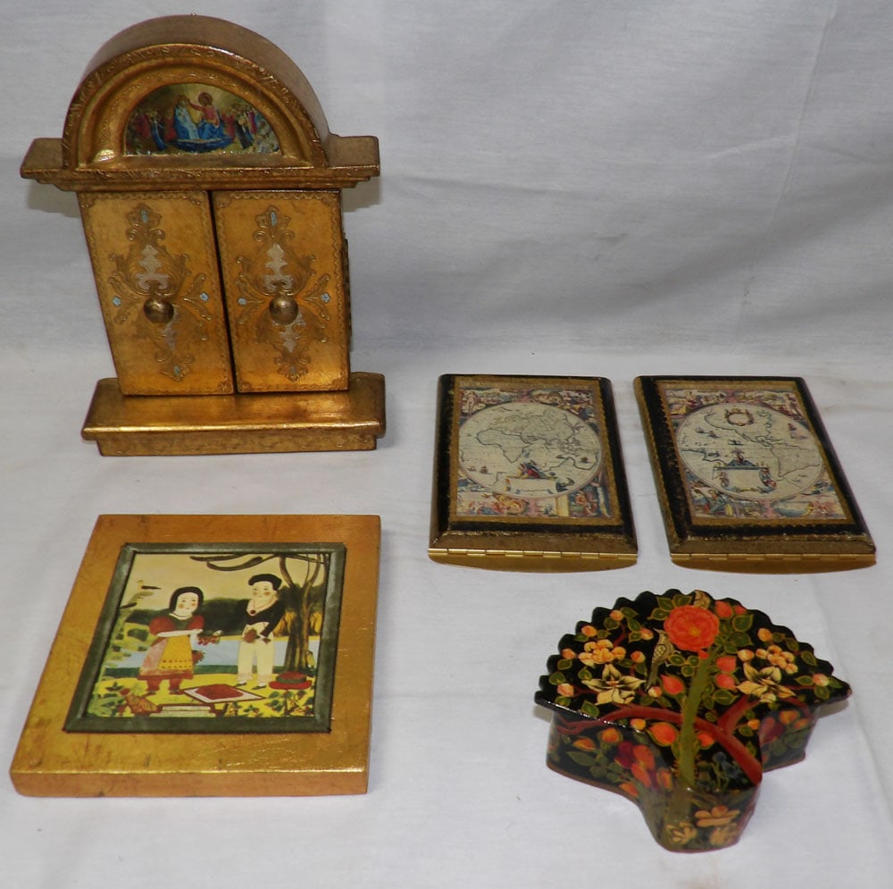 Lot of Gilded Wood Items & Paper Mache Box: Lot of Gilded Wood Items & Paper Mache Box. Up to 9 1/4" H 6 1/2" W ALL DESCRIPTIONS AND ANY CONDITION STATEMENT GIVEN BY LANGSTON AUCTION GALLERY ARE STRICTLY OPINIONS AND LANGSTON'S SHALL HAVE NO