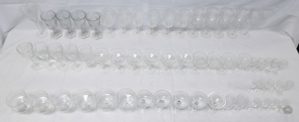 Lot of Etched Glass Stemware: Lot of Etched Glass Stemware. Up to 8" H 4" W ALL DESCRIPTIONS AND ANY CONDITION STATEMENT GIVEN BY LANGSTON AUCTION GALLERY ARE STRICTLY OPINIONS AND LANGSTON'S SHALL HAVE NO RESPONSIBILITY FOR