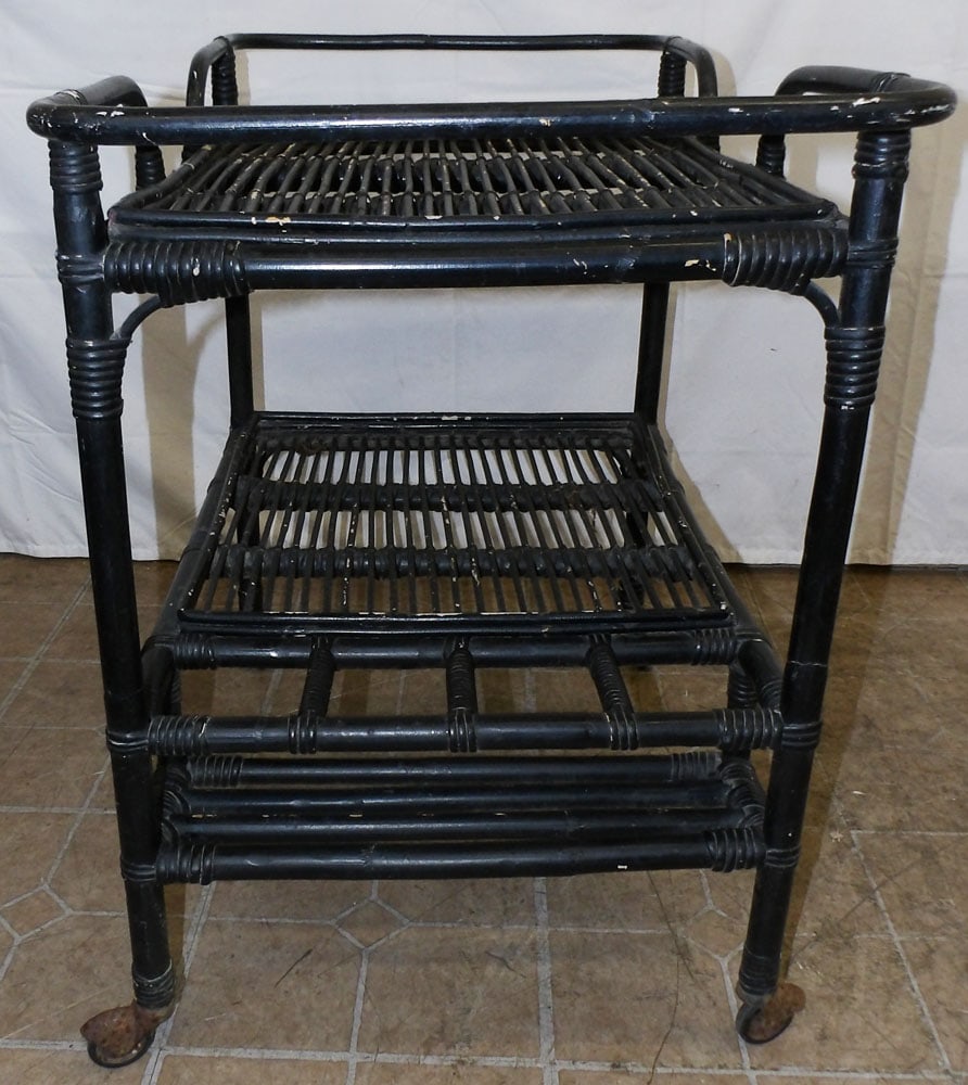 Painted Rattan Rolling Serving Cart - 3