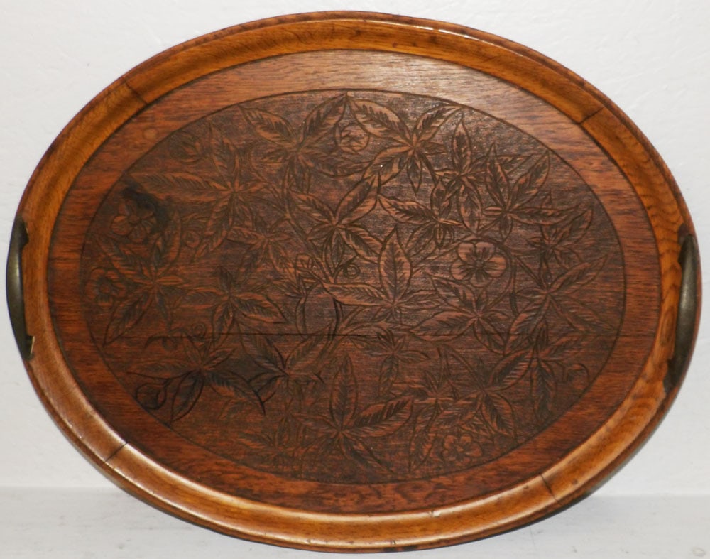 Antique English Carved Oak Two Handled Serving Tray, (Side Needs Repair): Antique English Carved Oak Two Handled Serving Tray, (Side Needs Repair). 18" x 23" ALL DESCRIPTIONS AND ANY CONDITION STATEMENT GIVEN BY LANGSTON AUCTION GALLERY ARE STRICTLY OPINIONS AND LANGSTON'S