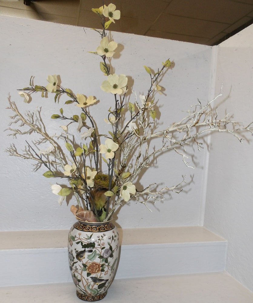 Oriental Painted Porcelain Vase with Faux Flower Arrangement: Oriental Painted Porcelain Vase with Faux Flower Arrangement . 12" H 7 1/4" Dia. ALL DESCRIPTIONS AND ANY CONDITION STATEMENT GIVEN BY LANGSTON AUCTION GALLERY ARE STRICTLY OPINIONS AND LANGSTON'S SHA