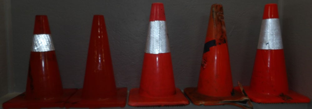 Five Safety Cones, (As Found): Five Safety Cones, (As Found). Up to 19 1/2" H 11" Dia. ALL DESCRIPTIONS AND ANY CONDITION STATEMENT GIVEN BY LANGSTON AUCTION GALLERY ARE STRICTLY OPINIONS AND LANGSTON'S SHALL HAVE NO