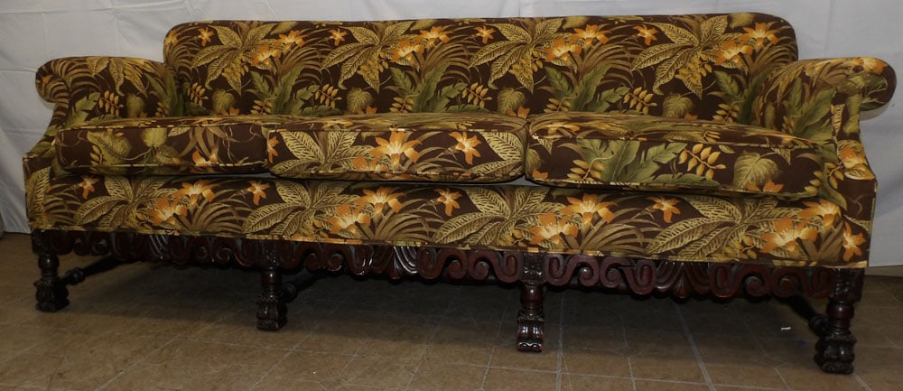 Carved Mahogany & Upholstered Sofa: Carved Mahogany & Upholstered Sofa. 31 1/2" H 84" W 32" D ALL DESCRIPTIONS AND ANY CONDITION STATEMENT GIVEN BY LANGSTON AUCTION GALLERY ARE STRICTLY OPINIONS AND LANGSTON'S SHALL HAVE NO RESPONSIBILI