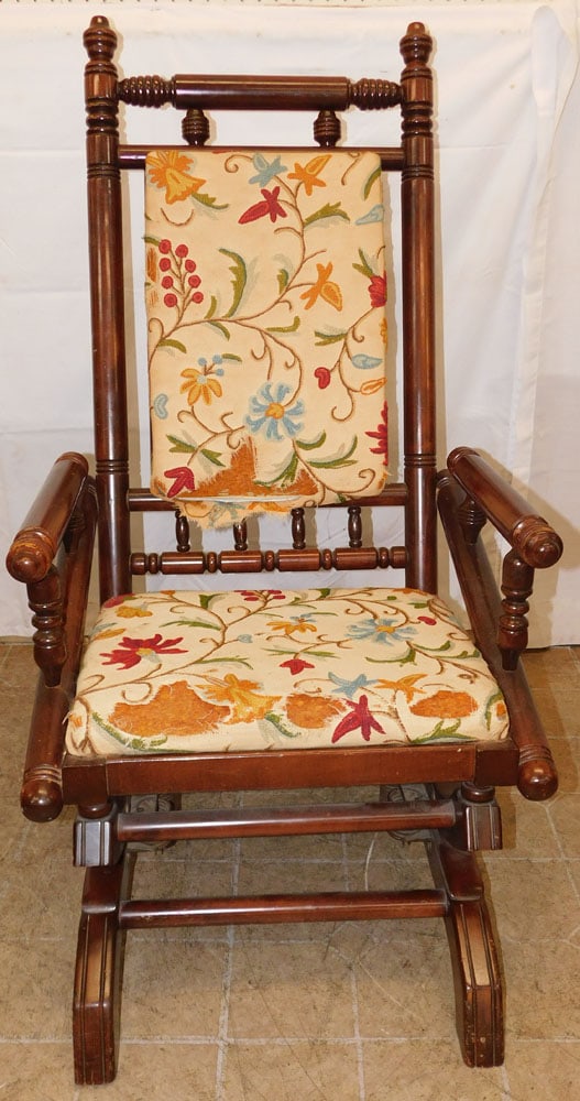 Cherry Victorian Rocker: Cherry Victorian Rocker . 42" H 22" W 26" D ALL DESCRIPTIONS AND ANY CONDITION STATEMENT GIVEN BY LANGSTON AUCTION GALLERY ARE STRICTLY OPINIONS AND LANGSTON'S SHALL HAVE NO RESPONSIBILITY FOR ERRORS