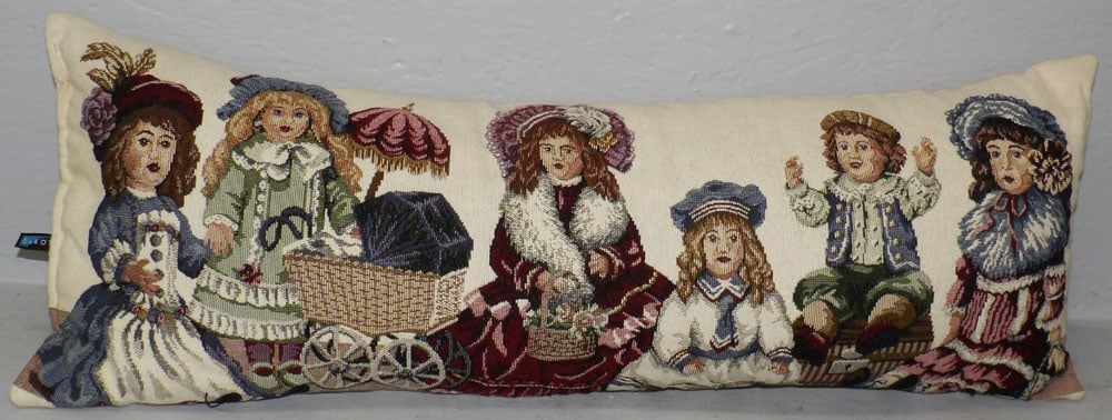 Large Victorian Style Doll Tapestry Pillow: Large Victorian Style Doll Tapestry Pillow . 29 1/2" X 10" ALL DESCRIPTIONS AND ANY CONDITION STATEMENT GIVEN BY LANGSTON AUCTION GALLERY ARE STRICTLY OPINIONS AND LANGSTON'S SHALL HAVE NO