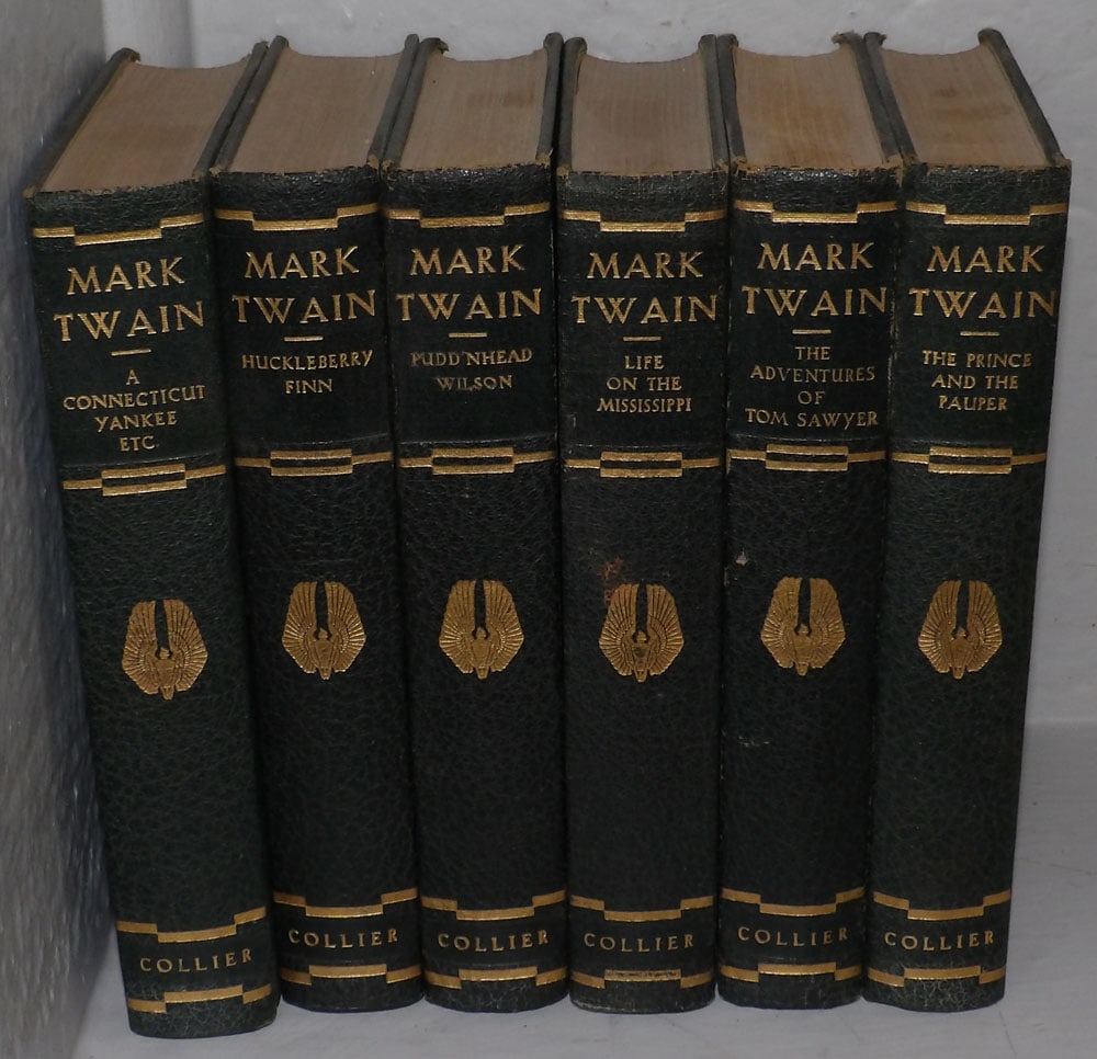 Six Mark Twain Books, Collier: Six Mark Twain Books, Collier. Up to 7 1/2" x 5 1/4" ALL DESCRIPTIONS AND ANY CONDITION STATEMENT GIVEN BY LANGSTON AUCTION GALLERY ARE STRICTLY OPINIONS AND LANGSTON'S SHALL HAVE NO RESPONSIBILITY