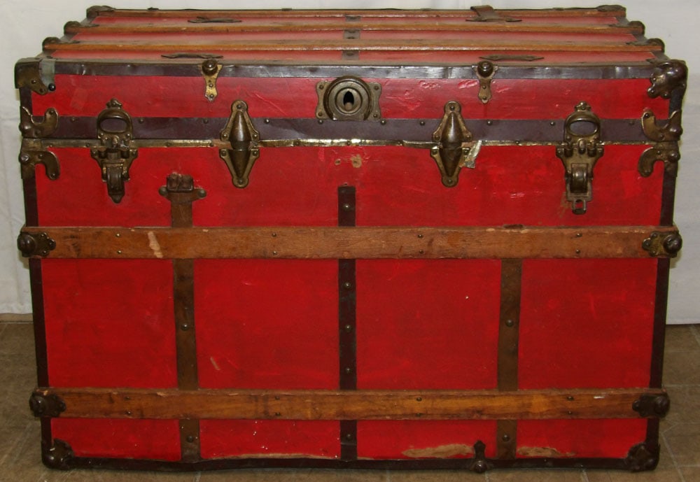 Antique Painted Wood & Metal Bound Flat Top Trunk (1 of 6)