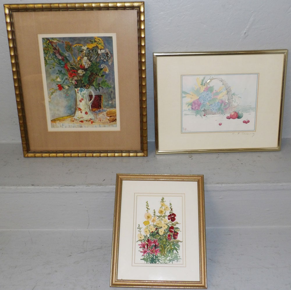 Framed Watercolor & Two Framed Prints: Framed Watercolor & Two Framed Prints . Up to 16 3/4" x 14 1/4" ALL DESCRIPTIONS AND ANY CONDITION STATEMENT GIVEN BY LANGSTON AUCTION GALLERY ARE STRICTLY OPINIONS AND LANGSTON'S SHALL HAVE NO