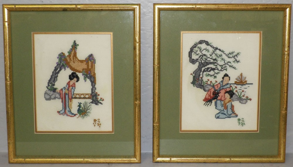Two Framed Oriental Needleworks: Two Framed Oriental Needleworks . 11 1/2" x 9 3/4" ALL DESCRIPTIONS AND ANY CONDITION STATEMENT GIVEN BY LANGSTON AUCTION GALLERY ARE STRICTLY OPINIONS AND LANGSTON'S SHALL HAVE NO RESPONSIBILITY FOR