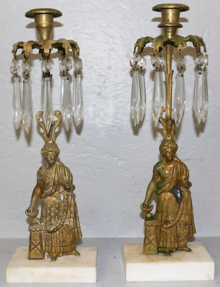 Pair of Brass Marble Base Girandoles with Glass Prisms (1 of 2)