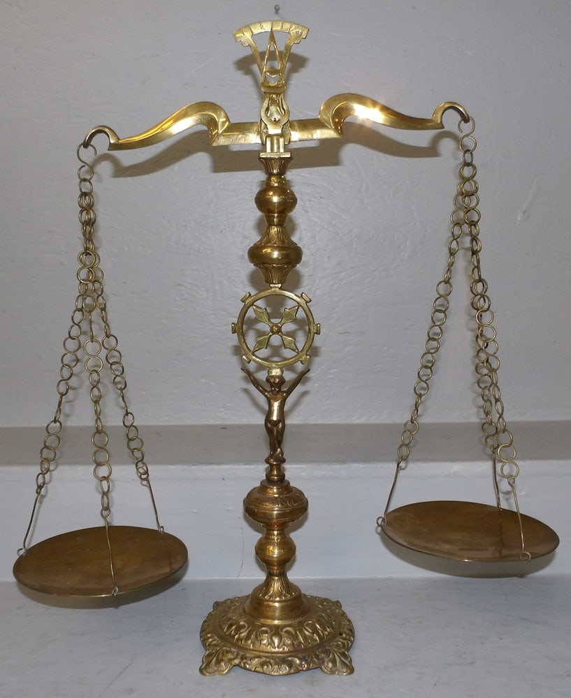 Brass Scale: Brass Scale . 25 1/2" H 22" W ALL DESCRIPTIONS AND ANY CONDITION STATEMENT GIVEN BY LANGSTON AUCTION GALLERY ARE STRICTLY OPINIONS AND LANGSTON'S SHALL HAVE NO RESPONSIBILITY FOR ERRORS OR OMISSIONS.