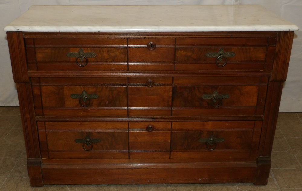 Antique Walnut Victorian Marble Top Three Drawer Chest: Antique Walnut Victorian Marble Top Three Drawer Chest . 28" H 42" W 18" D ALL DESCRIPTIONS AND ANY CONDITION STATEMENT GIVEN BY LANGSTON AUCTION GALLERY ARE STRICTLY OPINIONS AND LANGSTON'S SHALL