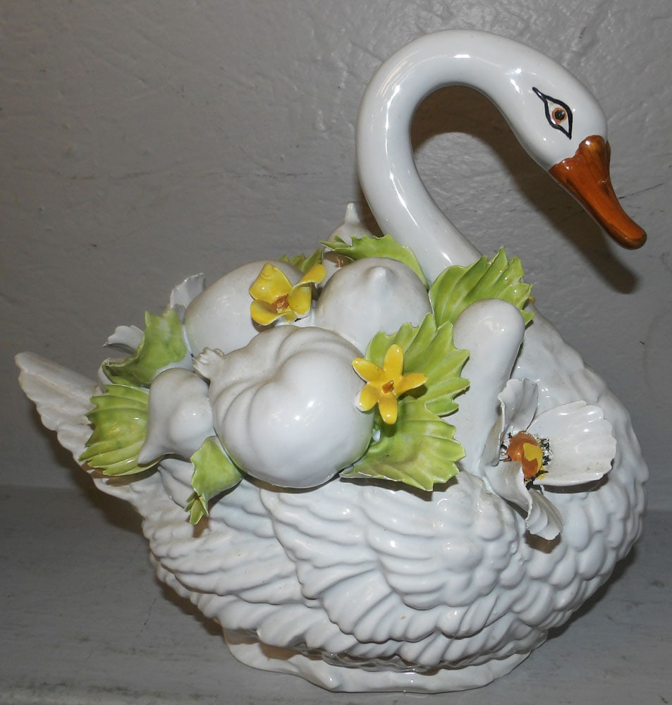Painted Porcelain Italian Swan Form Floral Bouquet Centerpiece: Painted Porcelain Italian Swan Form Floral Bouquet Centerpiece. 12 1/2" H 13" W 9" D ALL DESCRIPTIONS AND ANY CONDITION STATEMENT GIVEN BY LANGSTON AUCTION GALLERY ARE STRICTLY OPINIONS AND