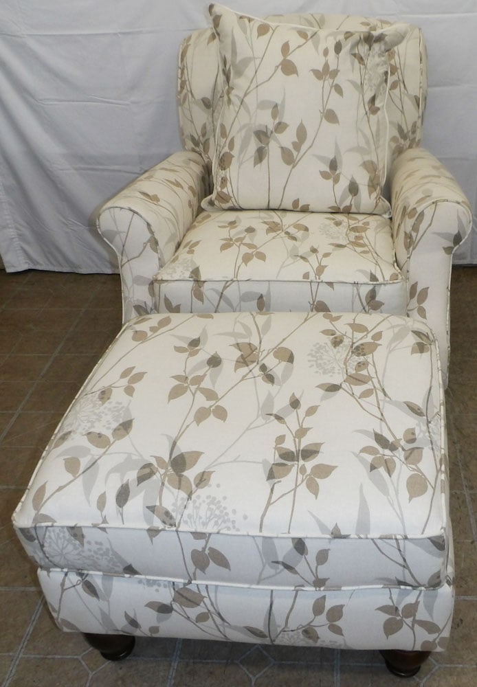 Upholstered Arm Chair & Ottoman by Haverty's: Upholstered Arm Chair & Ottoman by Haverty's. 35" H 35 1/2" W 36" D ALL DESCRIPTIONS AND ANY CONDITION STATEMENT GIVEN BY LANGSTON AUCTION GALLERY ARE STRICTLY OPINIONS AND LANGSTON'S SHALL HAVE NO