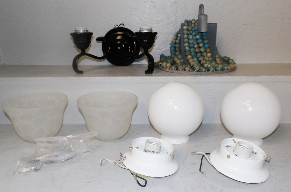 Two Wall Lights & Pair of Glass Globes: Two Wall Lights & Pair of Glass Globes . Up to 8 1/4" x 10 3/4" ALL DESCRIPTIONS AND ANY CONDITION STATEMENT GIVEN BY LANGSTON AUCTION GALLERY ARE STRICTLY OPINIONS AND LANGSTON'S SHALL HAVE NO