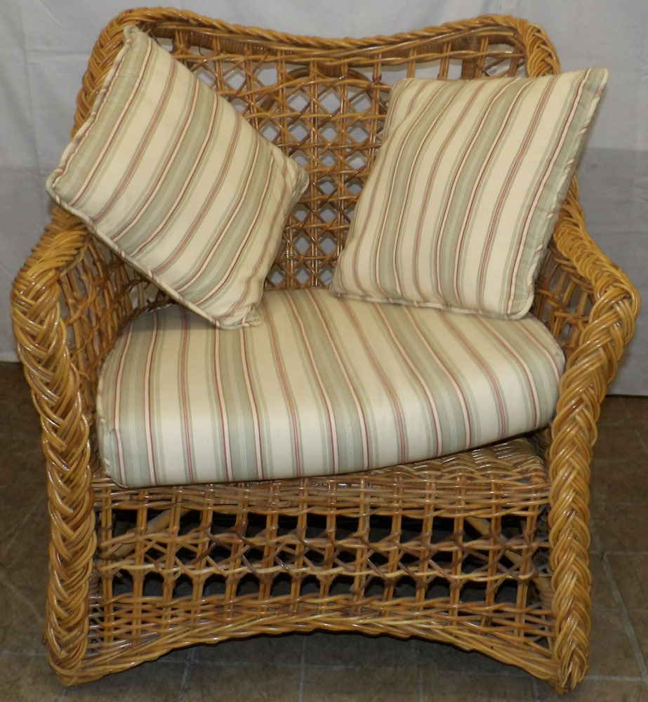 Rattan Arm Chair: Rattan Arm Chair . 32" H 28" W 28" D ALL DESCRIPTIONS AND ANY CONDITION STATEMENT GIVEN BY LANGSTON AUCTION GALLERY ARE STRICTLY OPINIONS AND LANGSTON'S SHALL HAVE NO RESPONSIBILITY FOR ERRORS OR OMIS