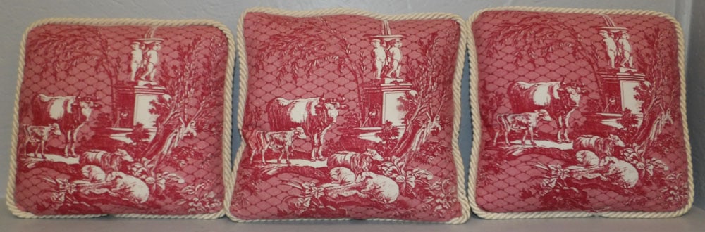 Three Toile Italian Country Decorative Pillows: Three Toile Italian Country Decorative Pillows . Up to 12 1/2" x 13" ALL DESCRIPTIONS AND ANY CONDITION STATEMENT GIVEN BY LANGSTON AUCTION GALLERY ARE STRICTLY OPINIONS AND LANGSTON'S SHALL HAVE NO