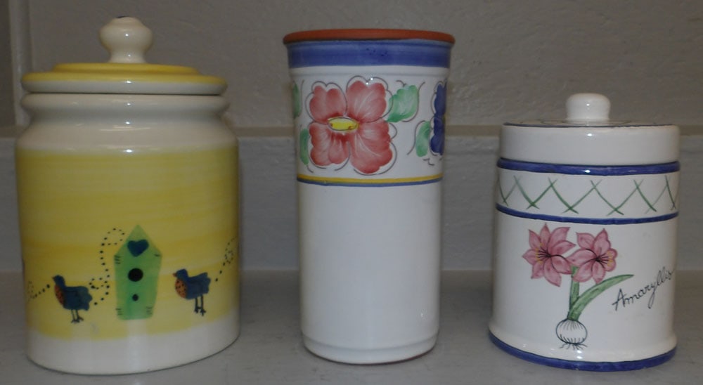 Two Painted Porcelain Cannister Jars & Vase: Two Painted Porcelain Cannister Jars & Vase. Up to 9 1/2" H 5" Dia. ALL DESCRIPTIONS AND ANY CONDITION STATEMENT GIVEN BY LANGSTON AUCTION GALLERY ARE STRICTLY OPINIONS AND LANGSTON'S SHALL HAVE NO