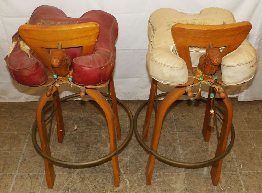Two Maple & Leather Camel Form Bar Stools - 2